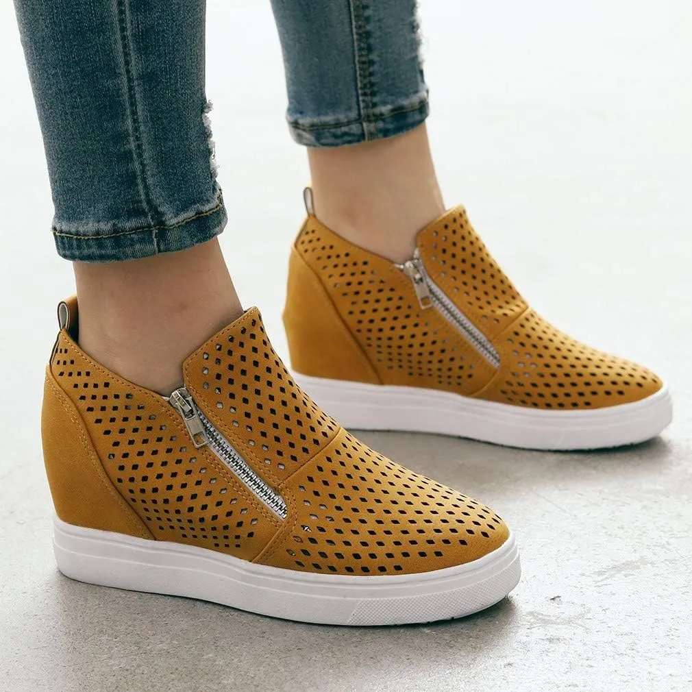 Gibobby Sneakers for Women Wide Width,Casual Slip On Lazy Shoes Breathable Hollow-Out Flat Loafers Wedge Shoes