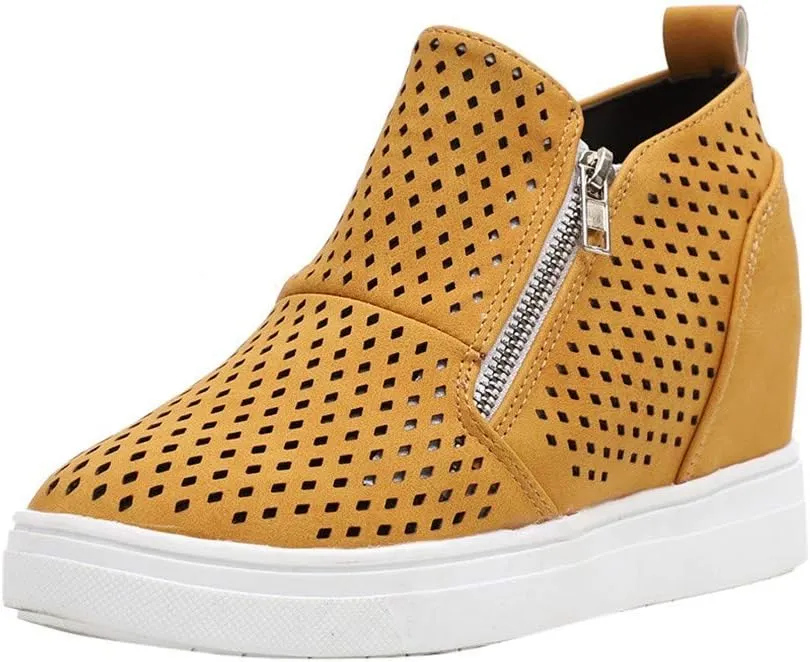 Gibobby Sneakers for Women Wide Width,Casual Slip On Lazy Shoes Breathable Hollow-Out Flat Loafers Wedge Shoes
