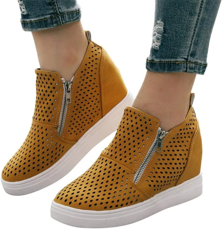 Gibobby Sneakers for Women Wide Width,Casual Slip On Lazy Shoes Breathable Hollow-Out Flat Loafers Wedge Shoes