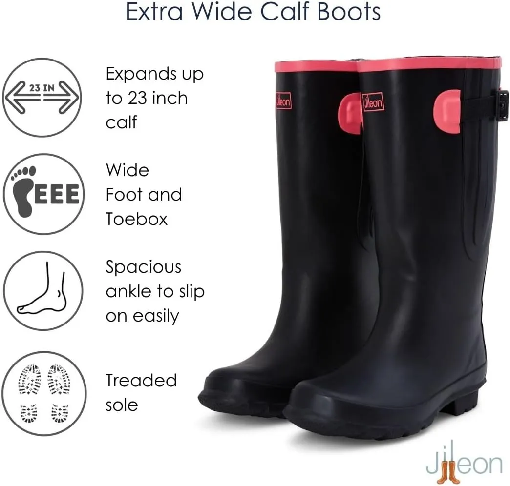 Jileon Extra Wide Calf Rain Boots - Ideal for Wide Feet, Ankles & Calves - Fit 16 to 23 Calves - Durable & Waterproof