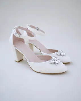 JOSKAA 2024 New Fashion High Heel Lace Block Heel with Dewdrop Brooch