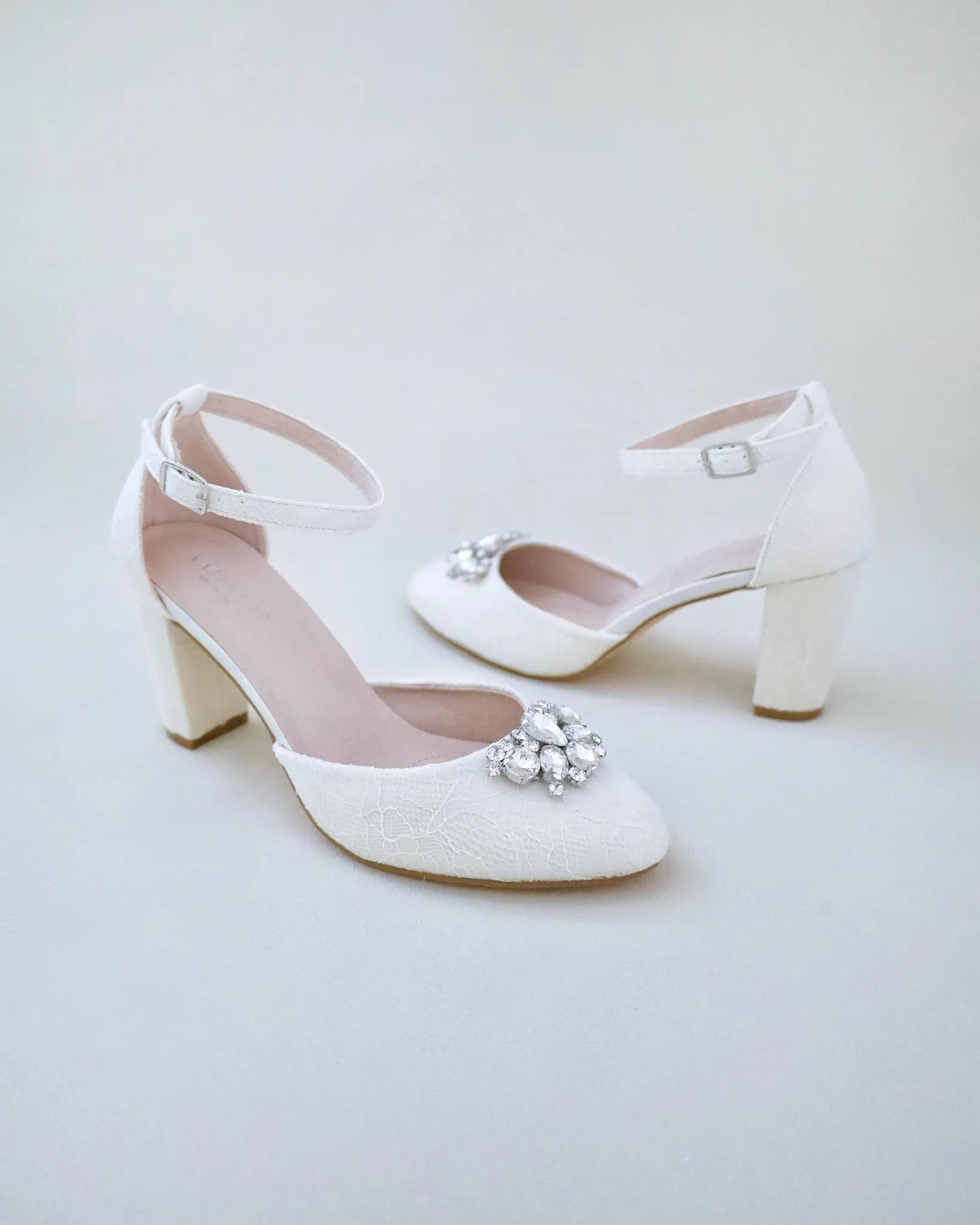 JOSKAA 2024 New Fashion High Heel Lace Block Heel with Dewdrop Brooch