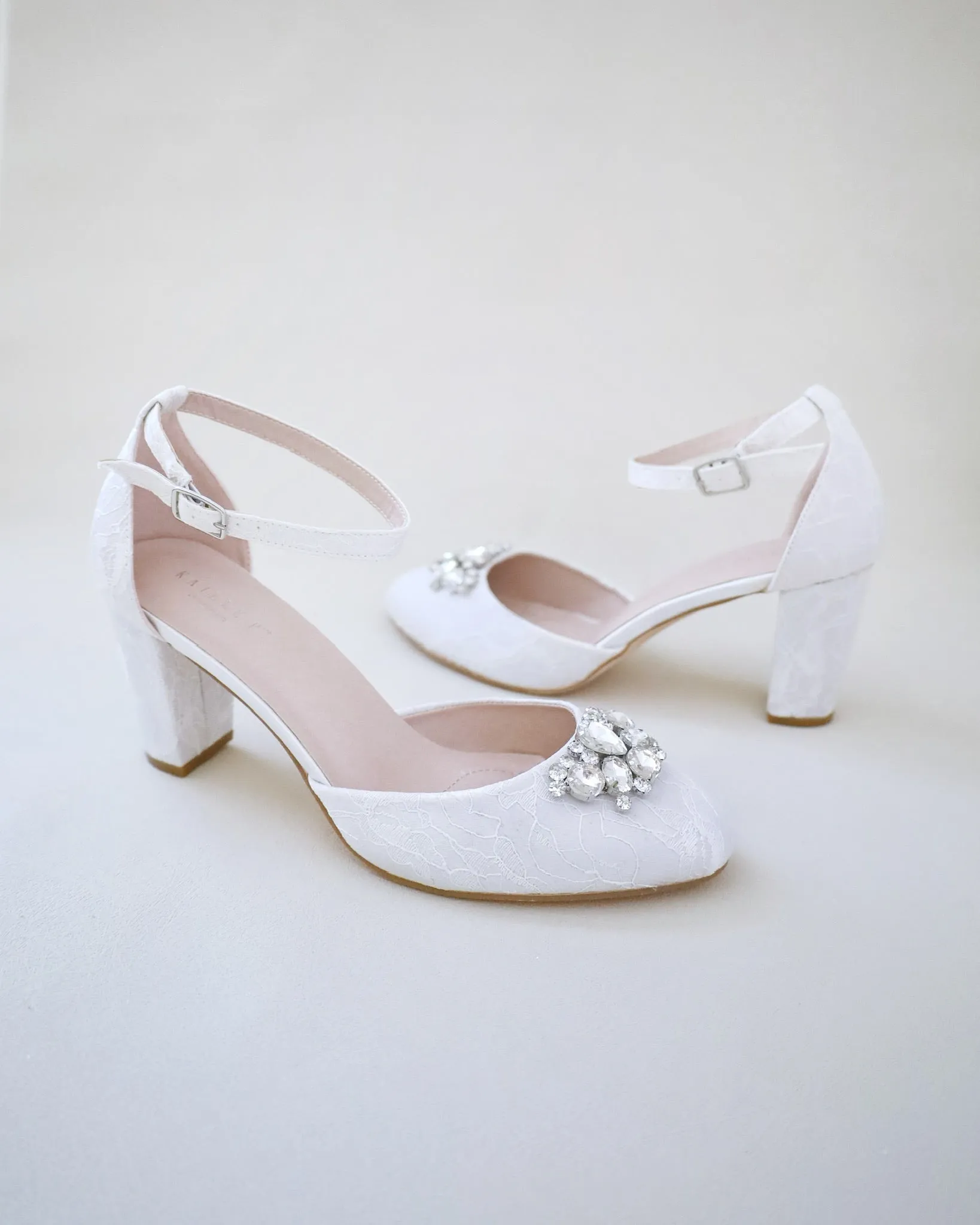 JOSKAA 2024 New Fashion High Heel Lace Block Heel with Dewdrop Brooch