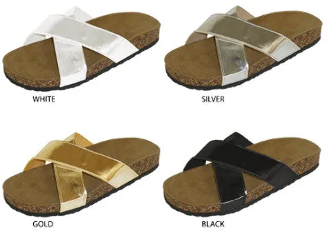 ladies footbed sandal with metallic patent upper Case of 24