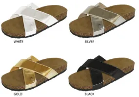 ladies footbed sandal with metallic patent upper Case of 24