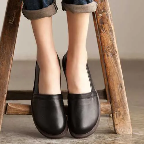 Leather Shoes Women Low Top Casual Outdoor Soft Slip On Flat Loafers