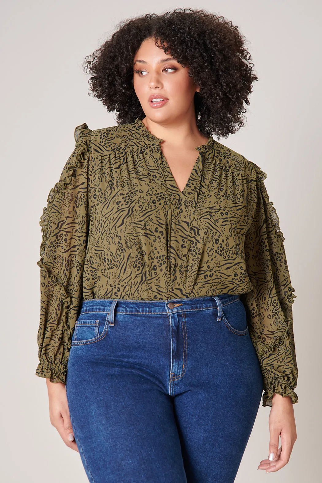 Leonna Olive Leopard Raj Ruffle Balloon Sleeve Blouse Curve