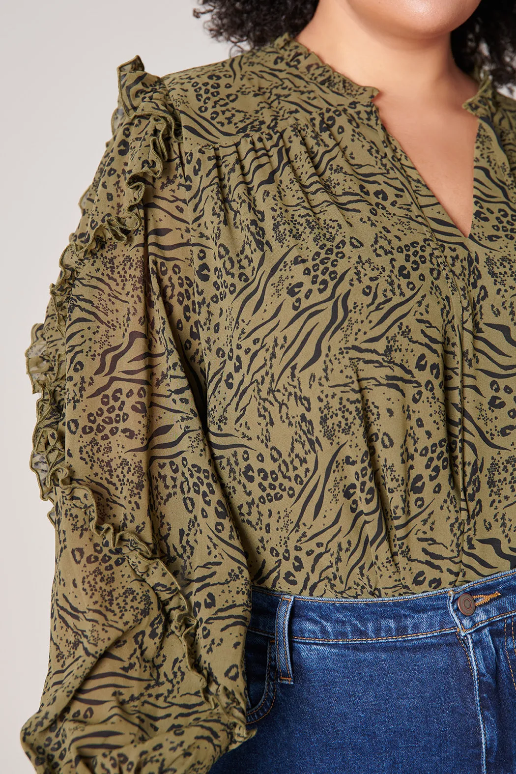Leonna Olive Leopard Raj Ruffle Balloon Sleeve Blouse Curve