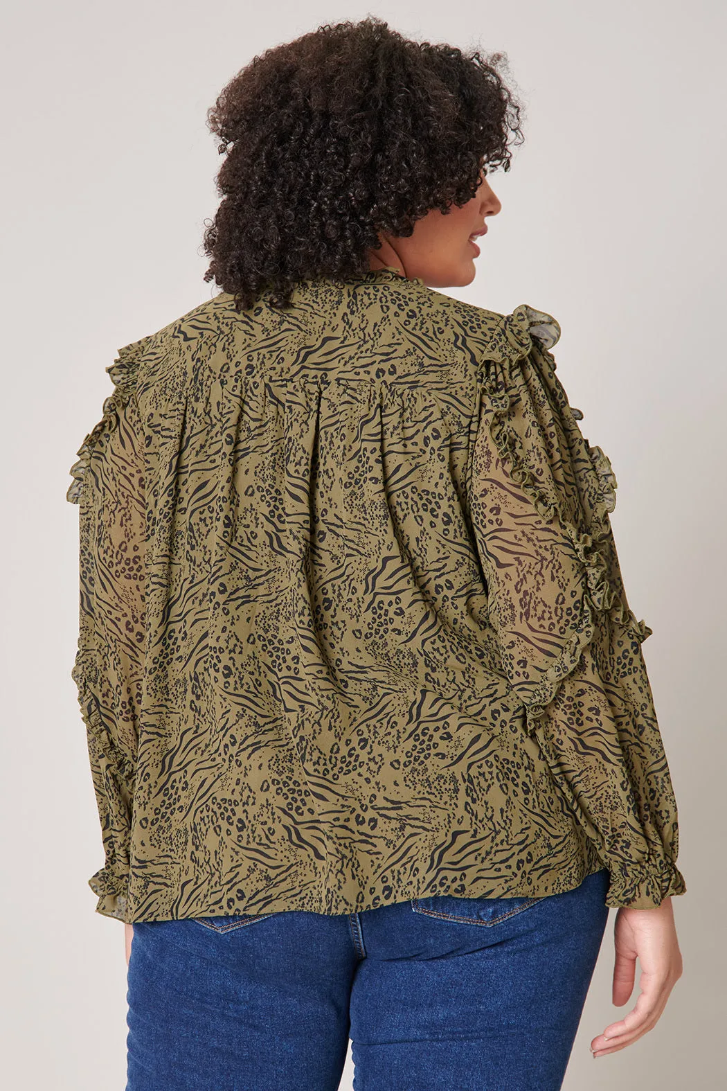 Leonna Olive Leopard Raj Ruffle Balloon Sleeve Blouse Curve