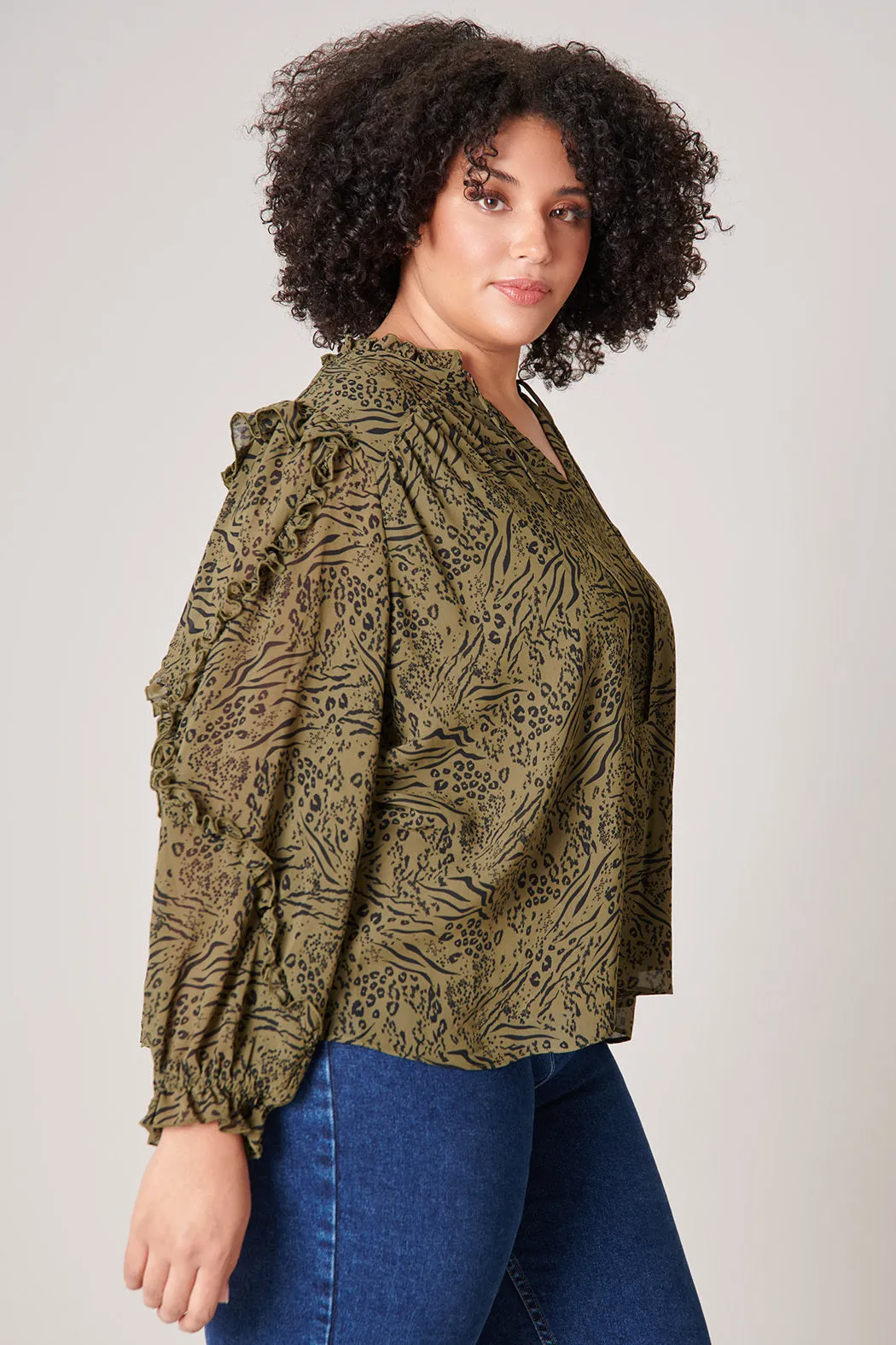 Leonna Olive Leopard Raj Ruffle Balloon Sleeve Blouse Curve