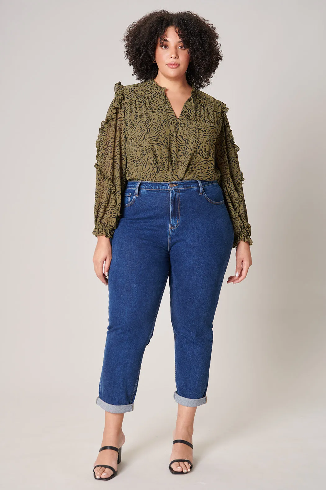 Leonna Olive Leopard Raj Ruffle Balloon Sleeve Blouse Curve