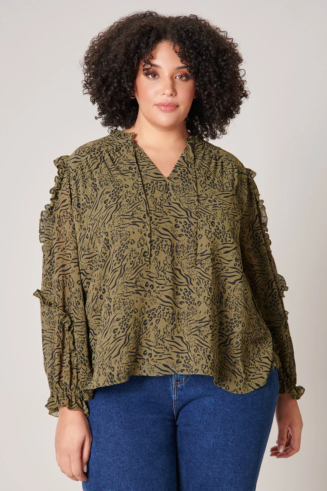 Leonna Olive Leopard Raj Ruffle Balloon Sleeve Blouse Curve
