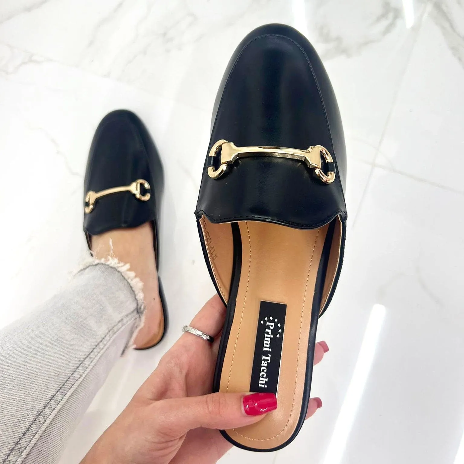 Luna - Sabot Mules Pantofolina Donna Flat Punta Tallone Scoperto Nero
