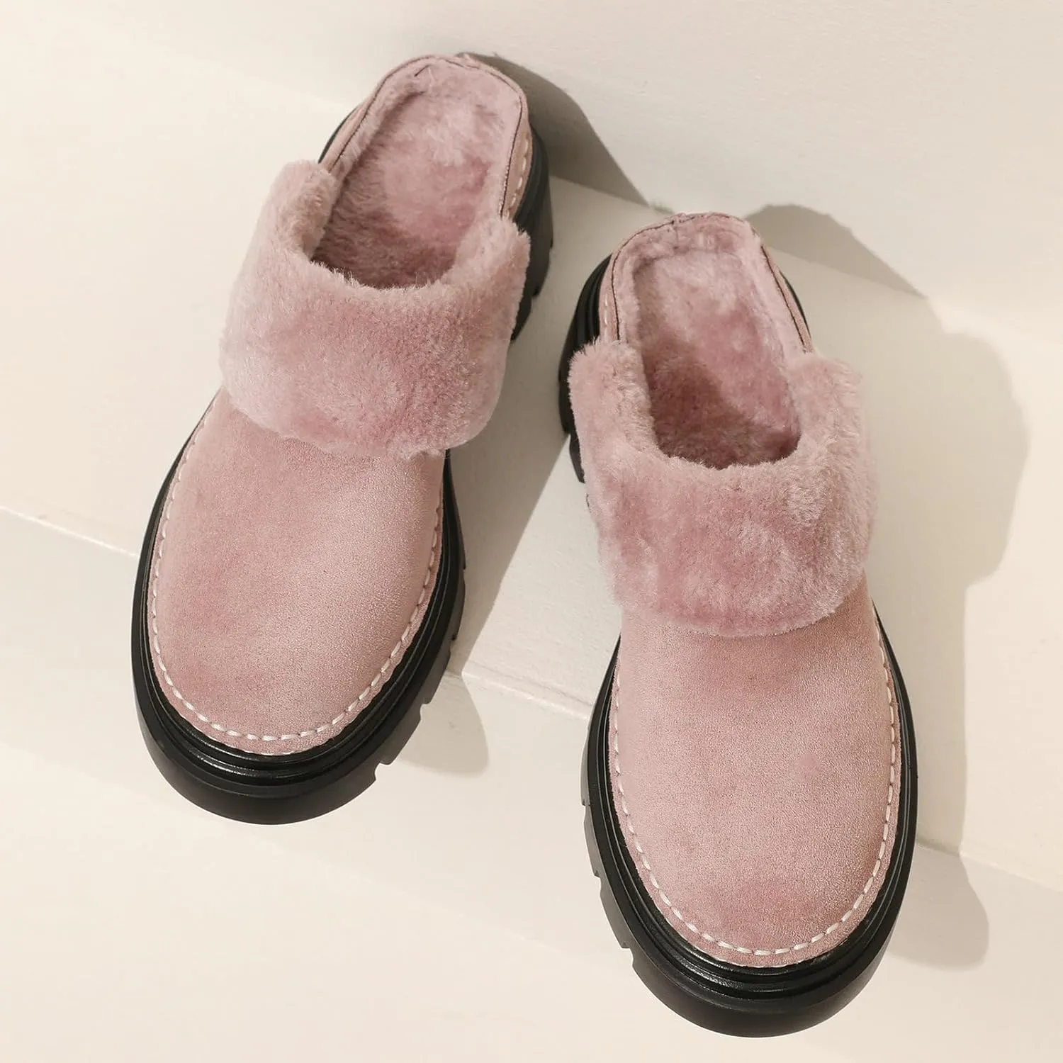 LUXMAX Women Faux Fur Mules Platform Chunky Heel Slippers Slip On Block Heel Backless Loafers