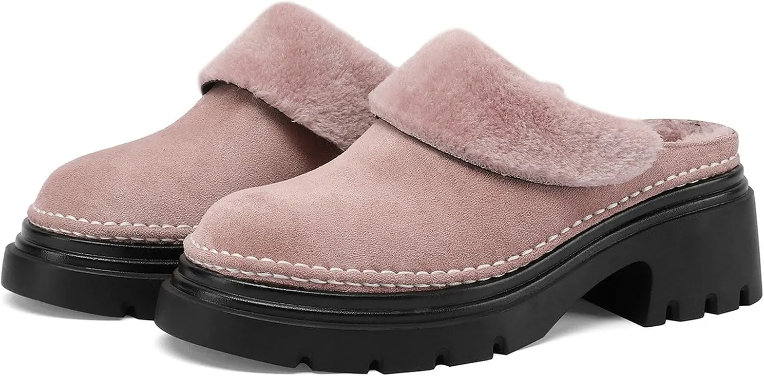 LUXMAX Women Faux Fur Mules Platform Chunky Heel Slippers Slip On Block Heel Backless Loafers