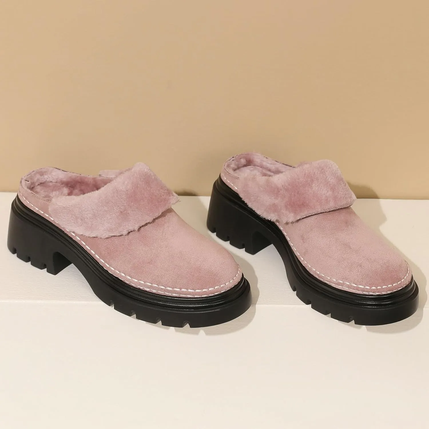LUXMAX Women Faux Fur Mules Platform Chunky Heel Slippers Slip On Block Heel Backless Loafers