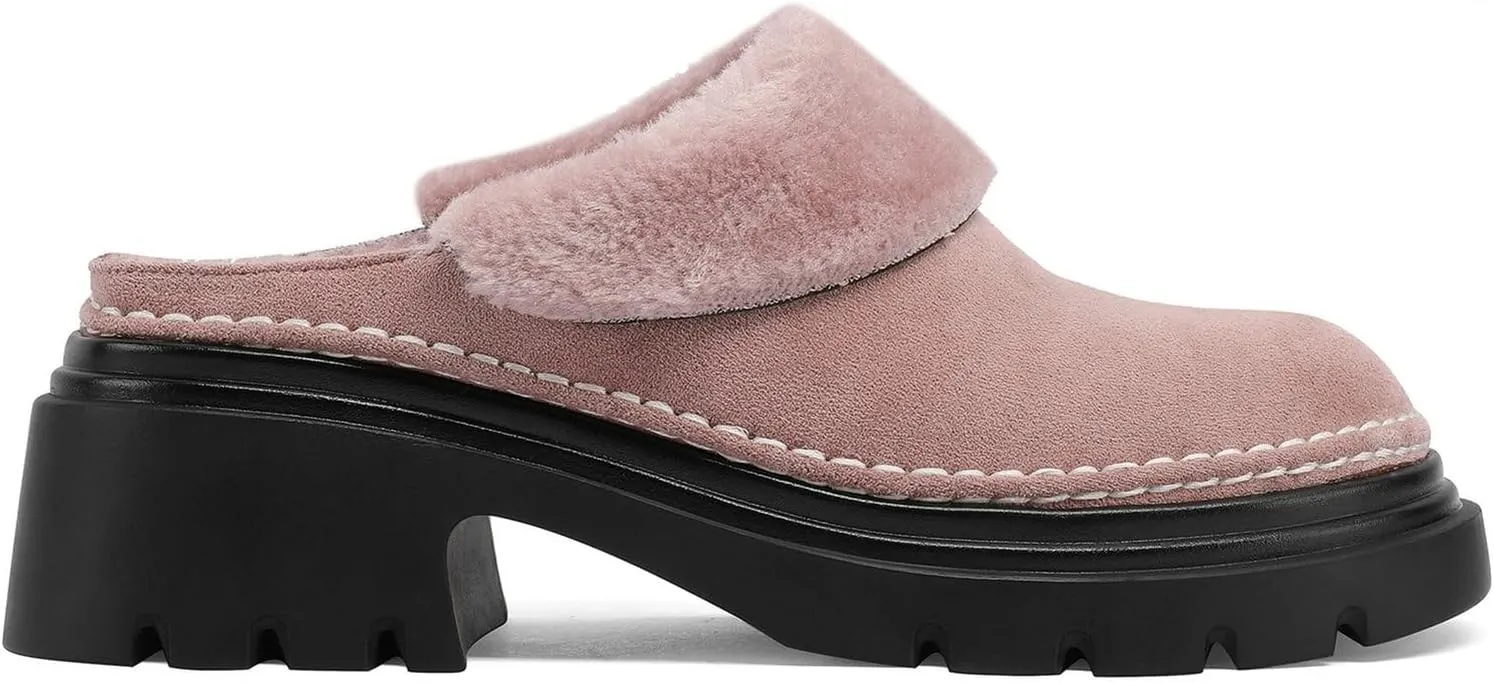 LUXMAX Women Faux Fur Mules Platform Chunky Heel Slippers Slip On Block Heel Backless Loafers