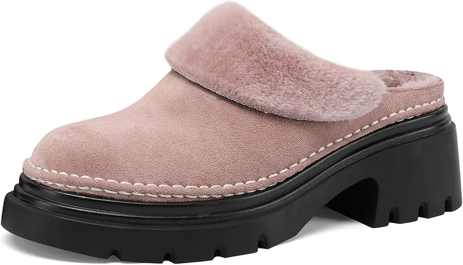 LUXMAX Women Faux Fur Mules Platform Chunky Heel Slippers Slip On Block Heel Backless Loafers