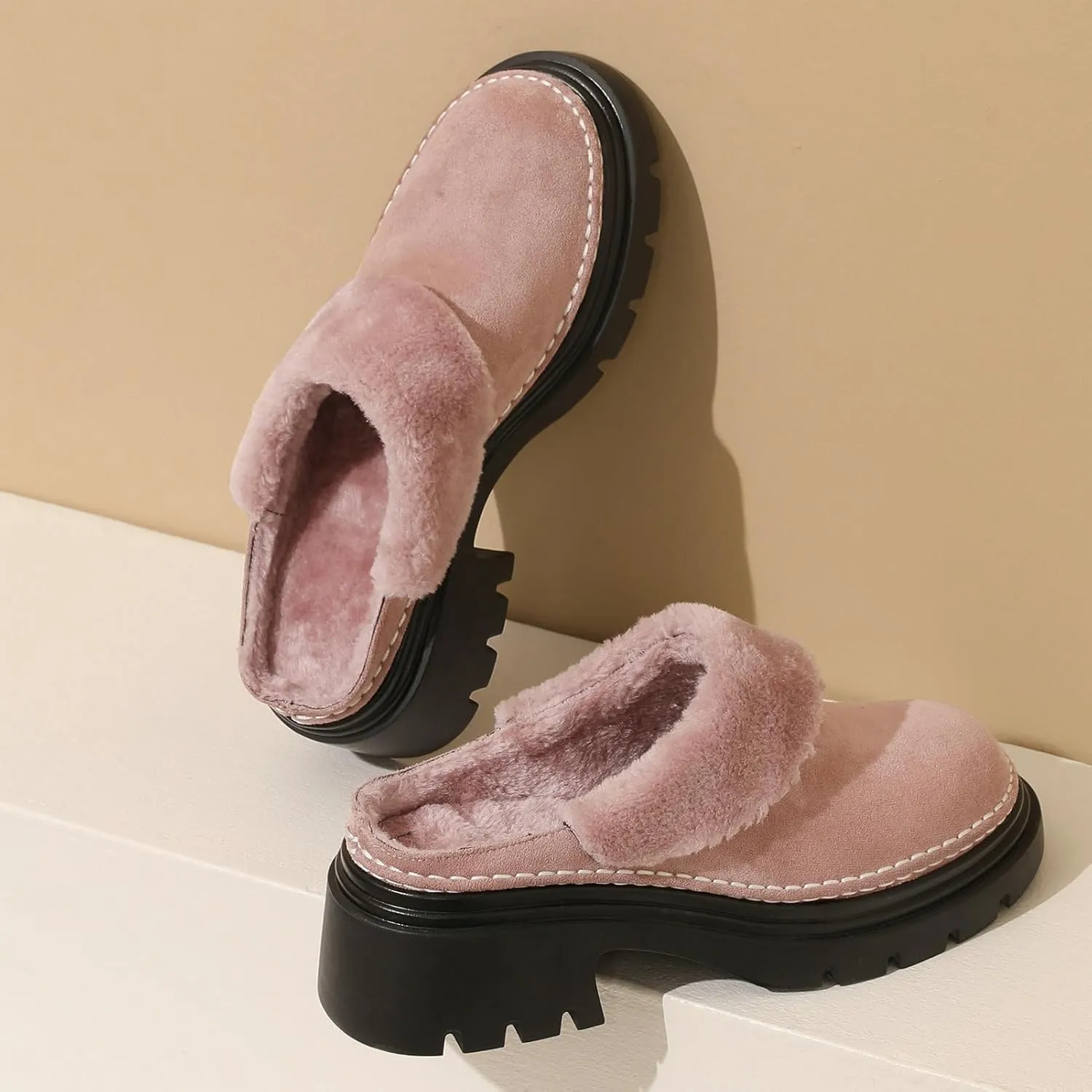 LUXMAX Women Faux Fur Mules Platform Chunky Heel Slippers Slip On Block Heel Backless Loafers