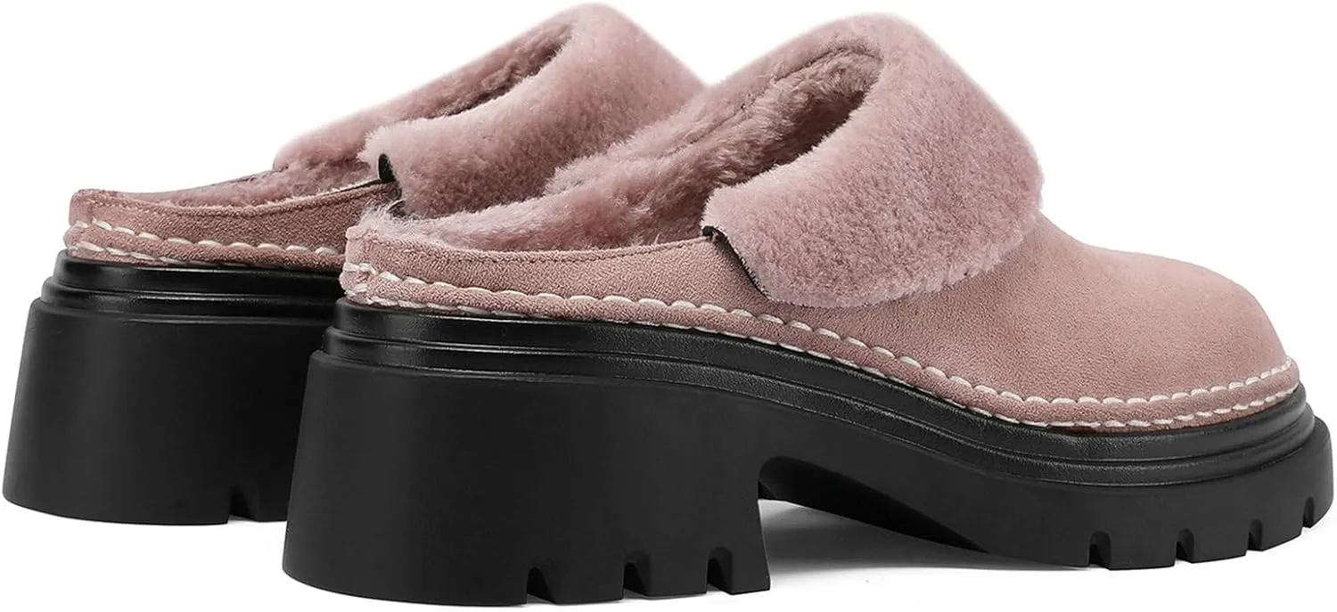 LUXMAX Women Faux Fur Mules Platform Chunky Heel Slippers Slip On Block Heel Backless Loafers