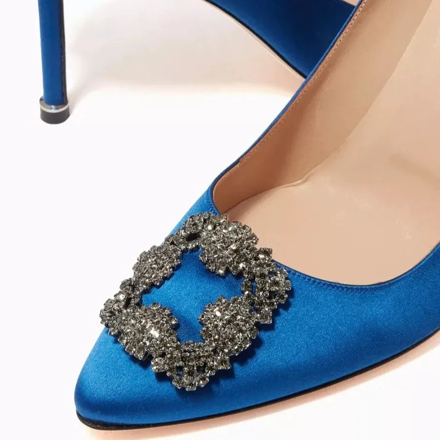 Manolo Blahnik Hangisi Blue Satin Jewel Buckle Pumps