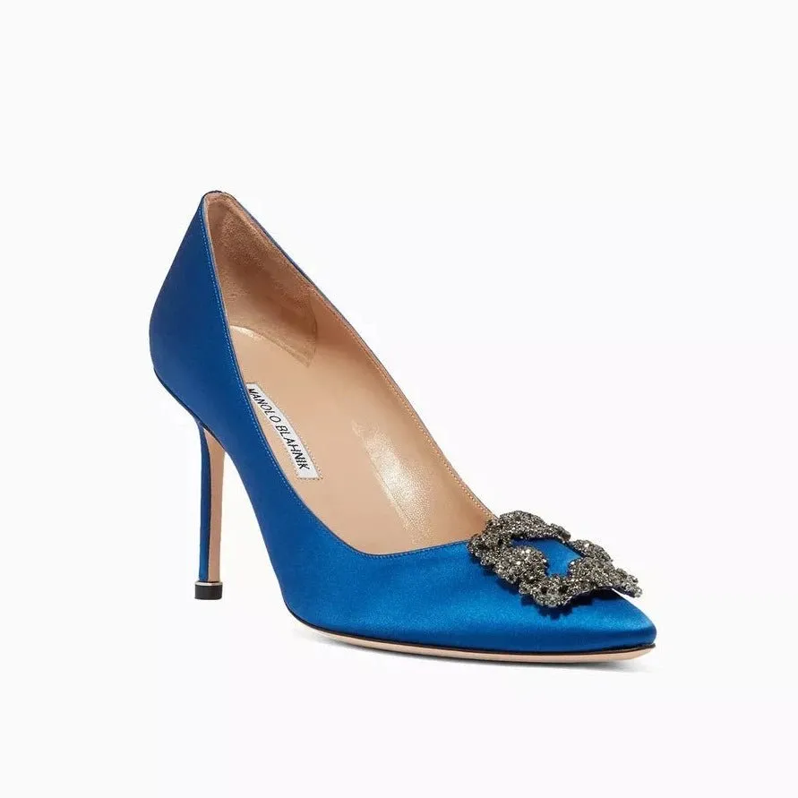 Manolo Blahnik Hangisi Blue Satin Jewel Buckle Pumps
