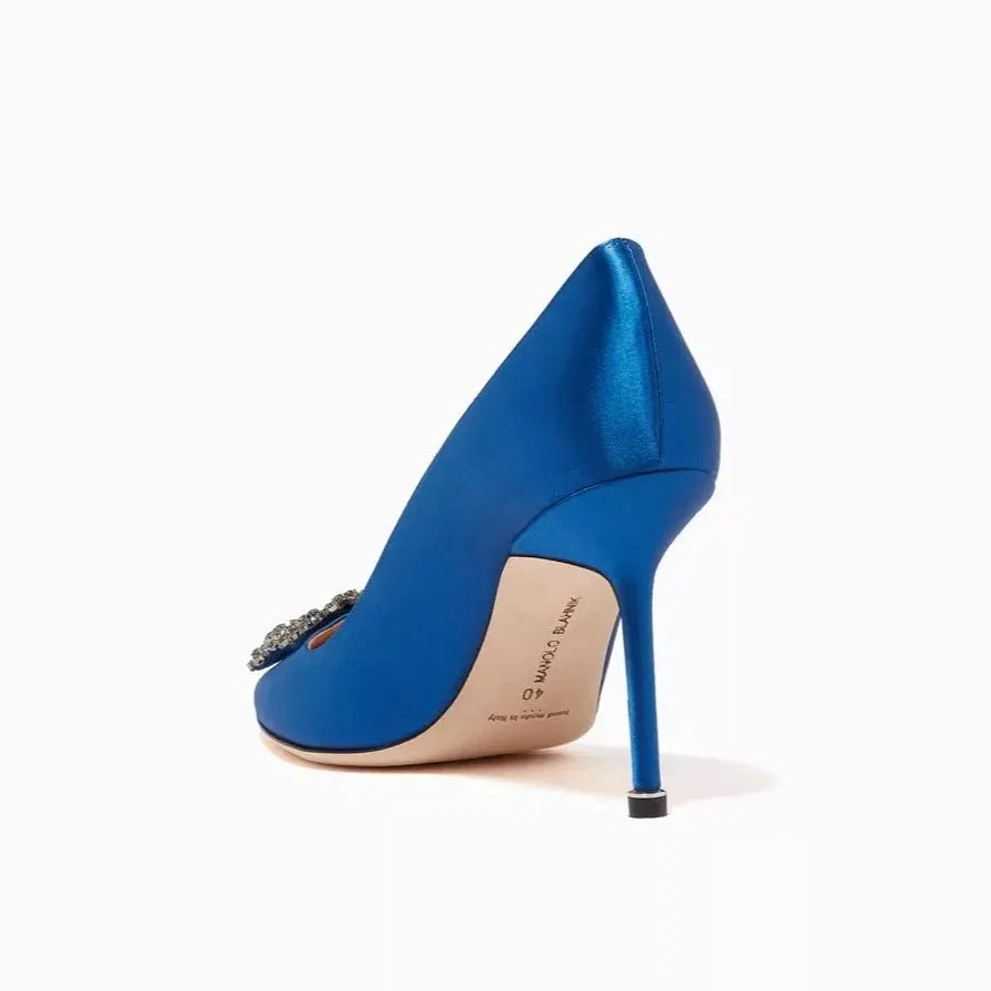 Manolo Blahnik Hangisi Blue Satin Jewel Buckle Pumps
