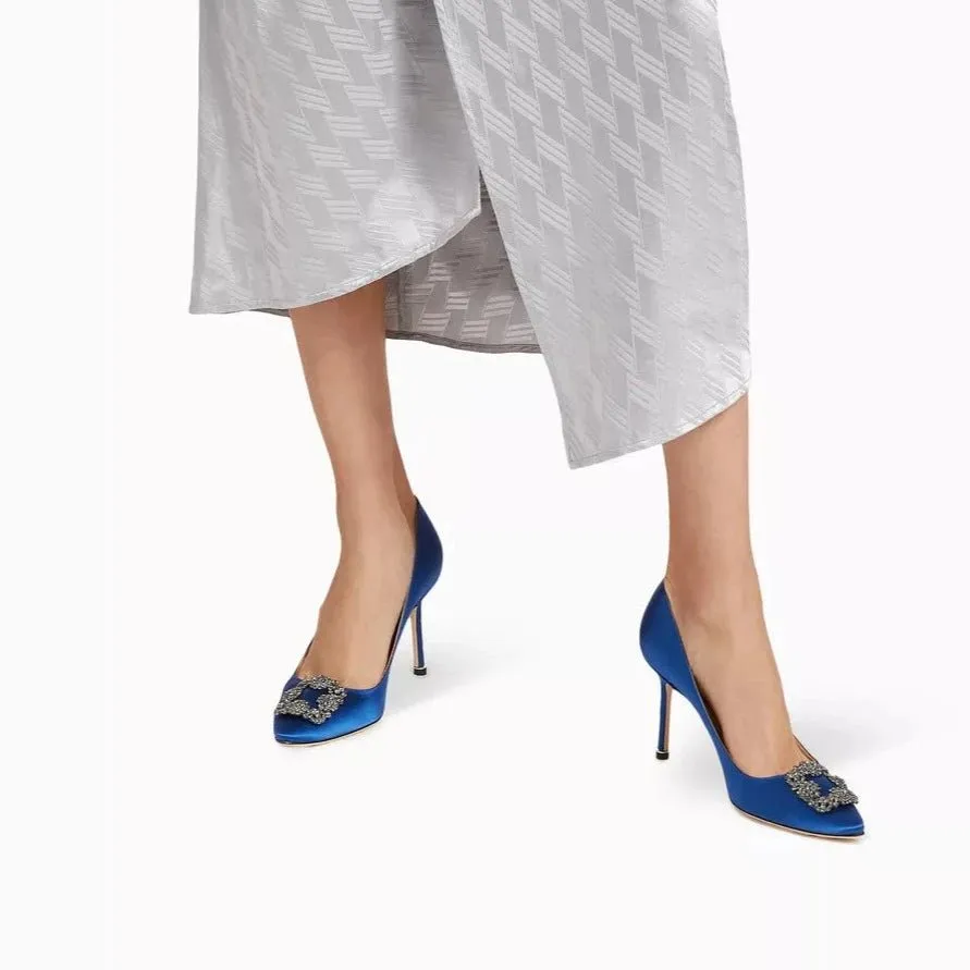 Manolo Blahnik Hangisi Blue Satin Jewel Buckle Pumps