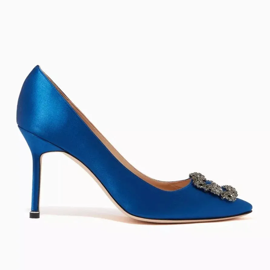 Manolo Blahnik Hangisi Blue Satin Jewel Buckle Pumps