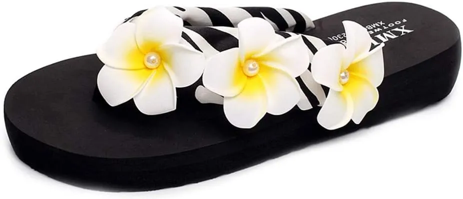 MIOKE Womens Bohemia Flower Flat Platform Flipflops Trendy Summer Comfy Satin Nonslip Beach Thong Sandals