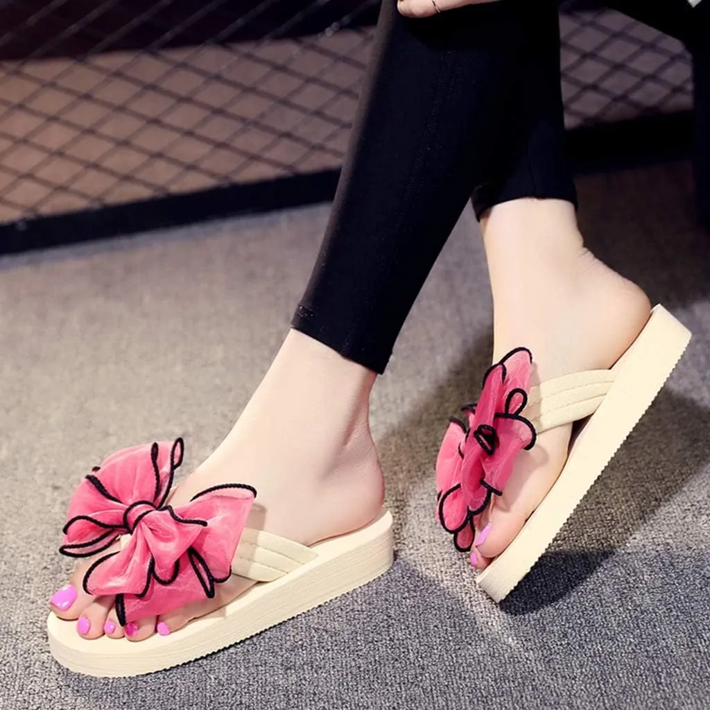 MIOKE Women's Fashion Summer Flat Flipflops Boho Bowknot Comfy Nonslip Platform Beach Slippers Sandals
