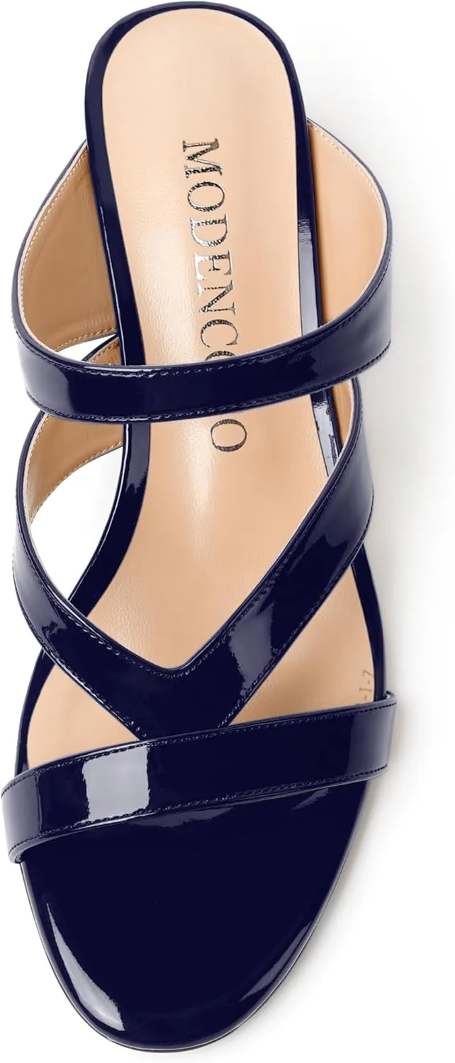 MODENCOCO Womens Patent Party Open Toe Stylish Casual Strappy Slip On Kitten Low Heel Heeled Sandals 2 Inch