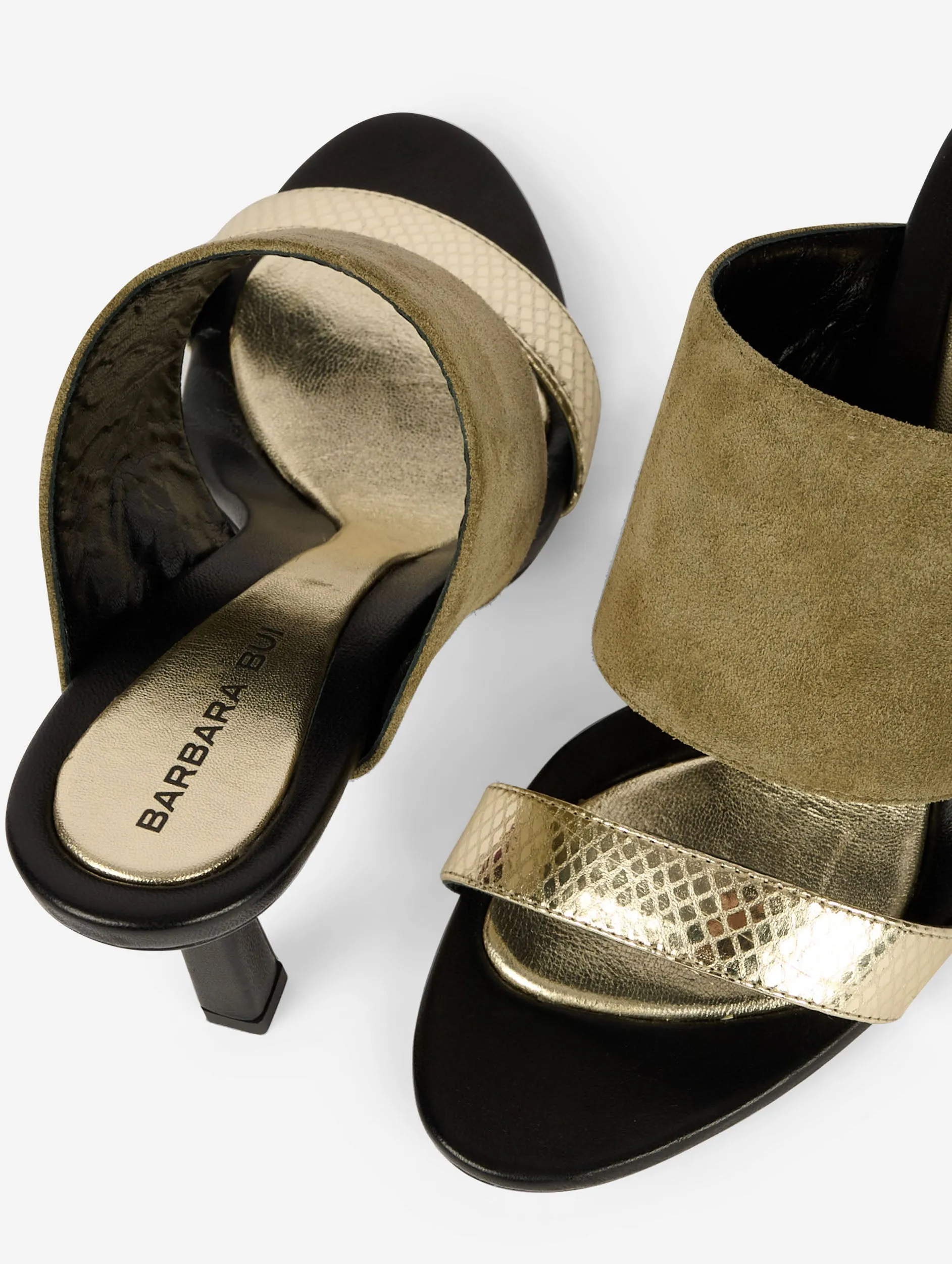 Mules à talon en daim tilleul et cuir or