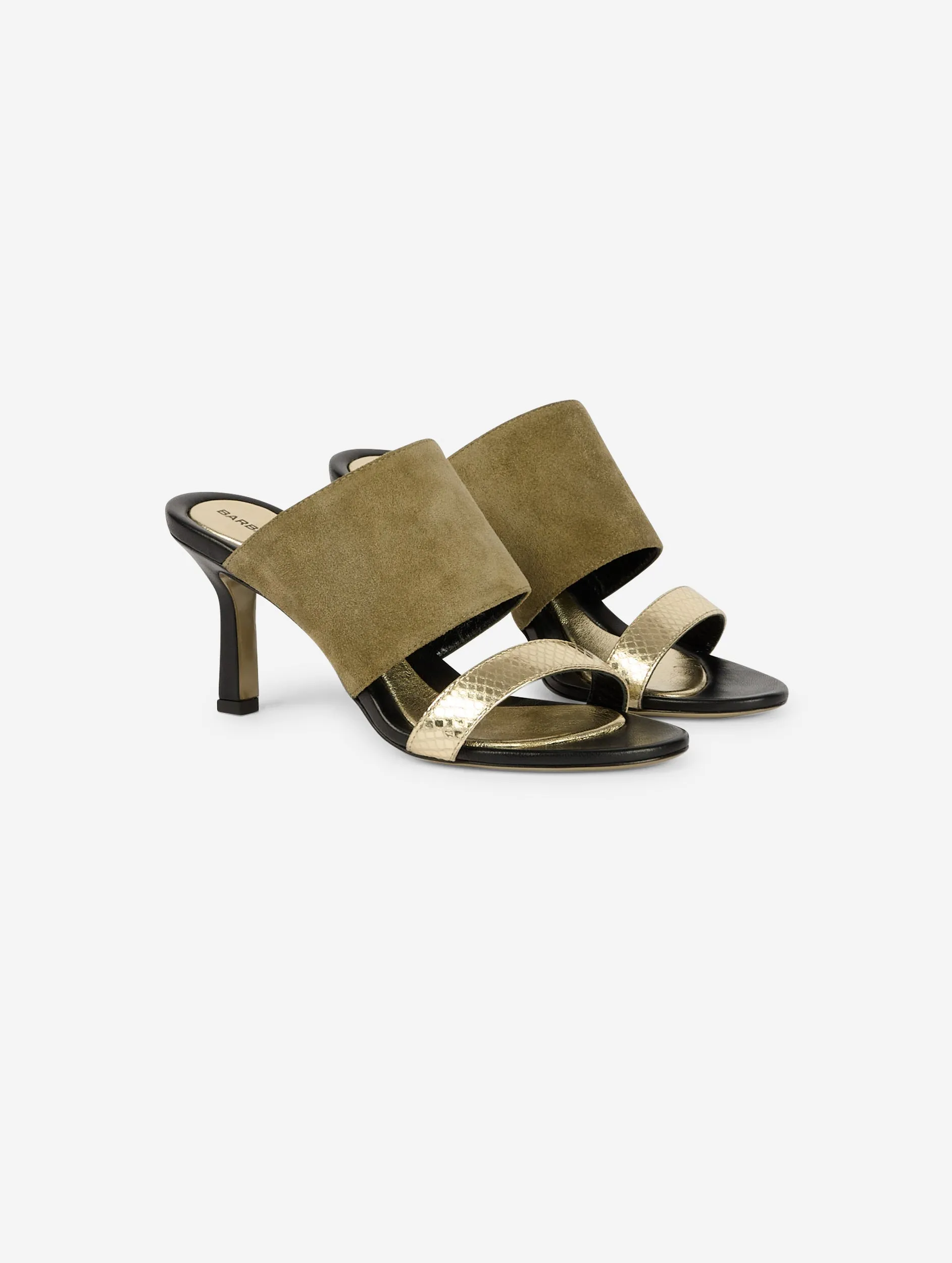 Mules à talon en daim tilleul et cuir or