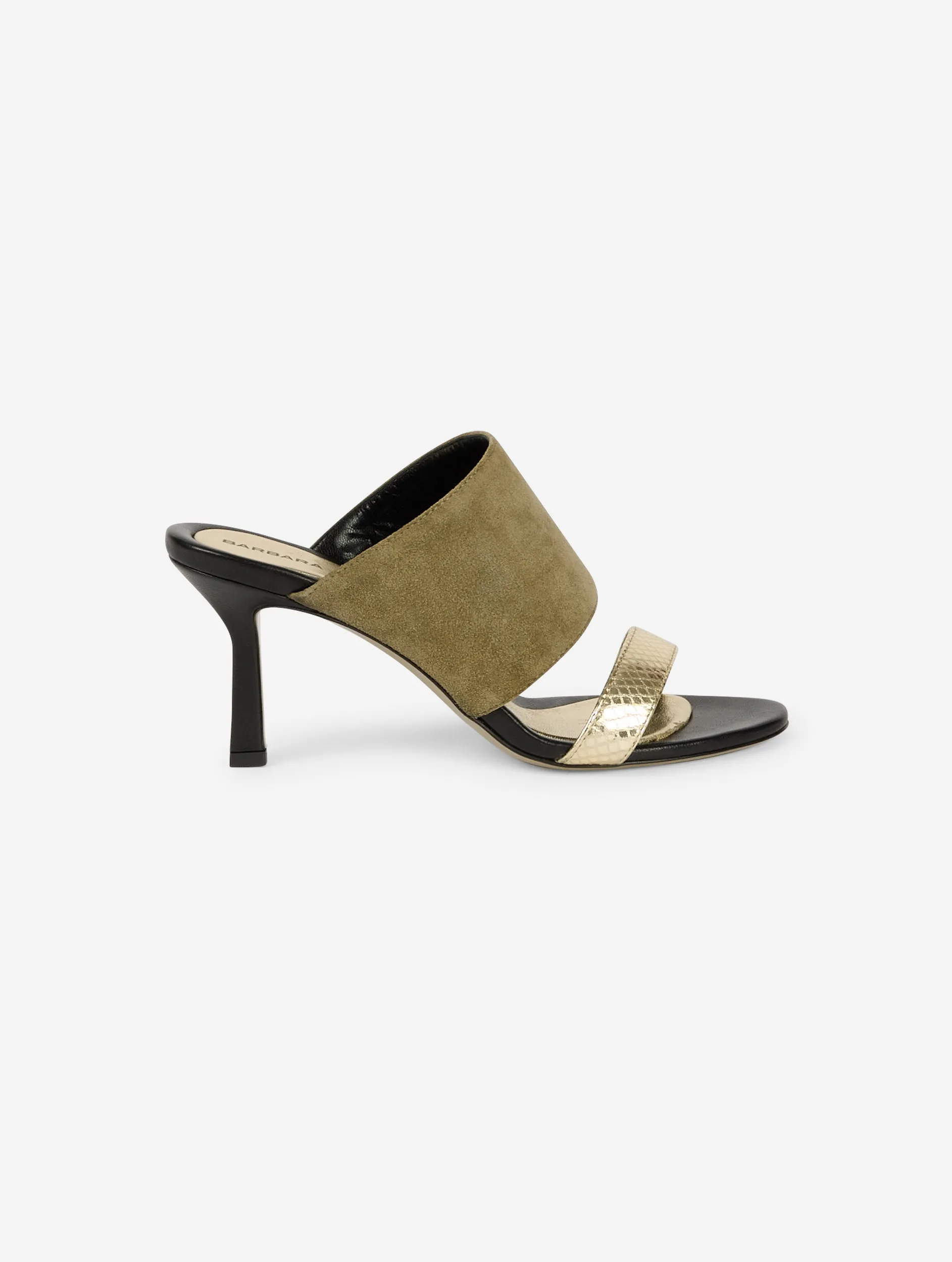 Mules à talon en daim tilleul et cuir or