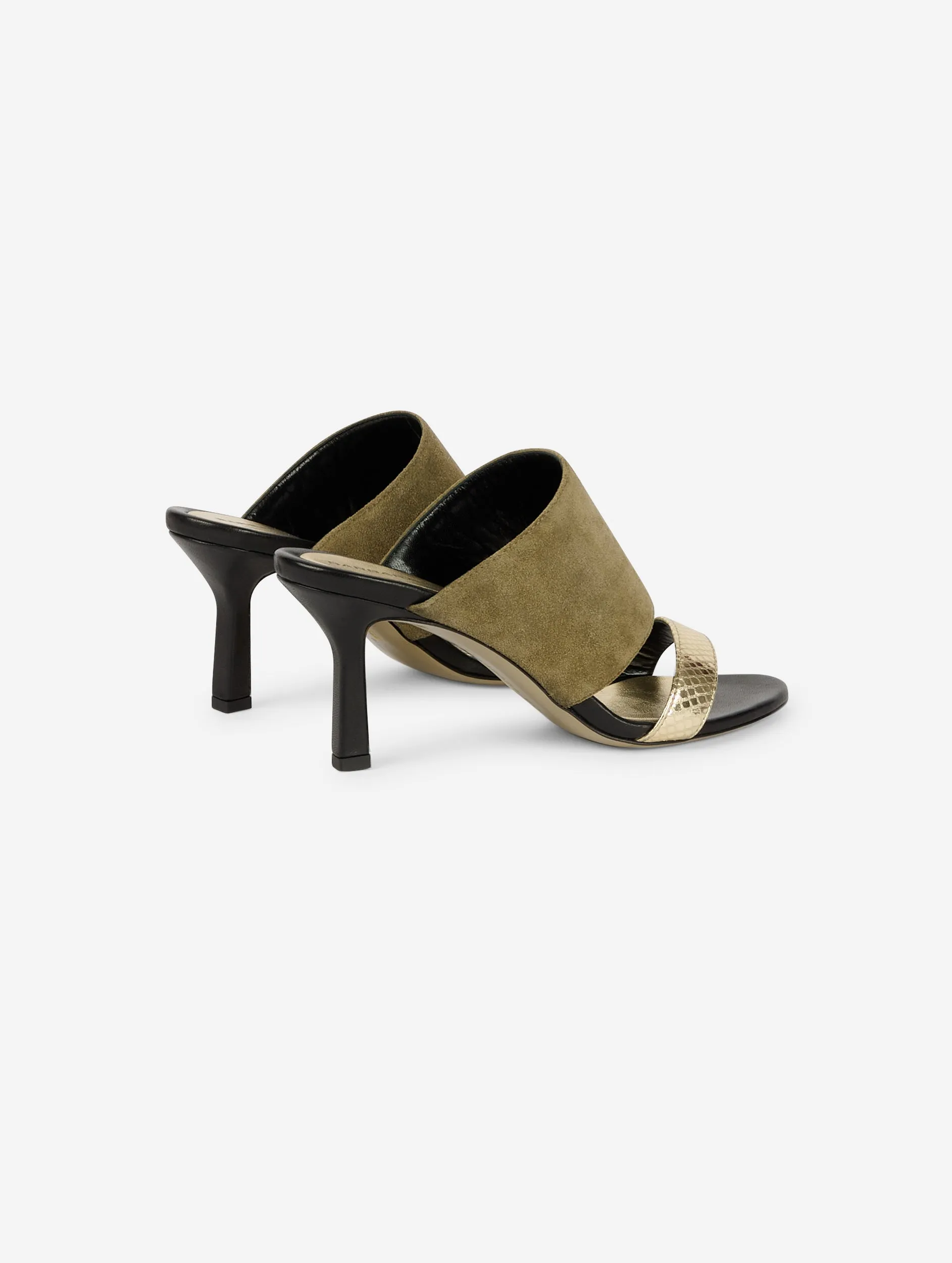 Mules à talon en daim tilleul et cuir or