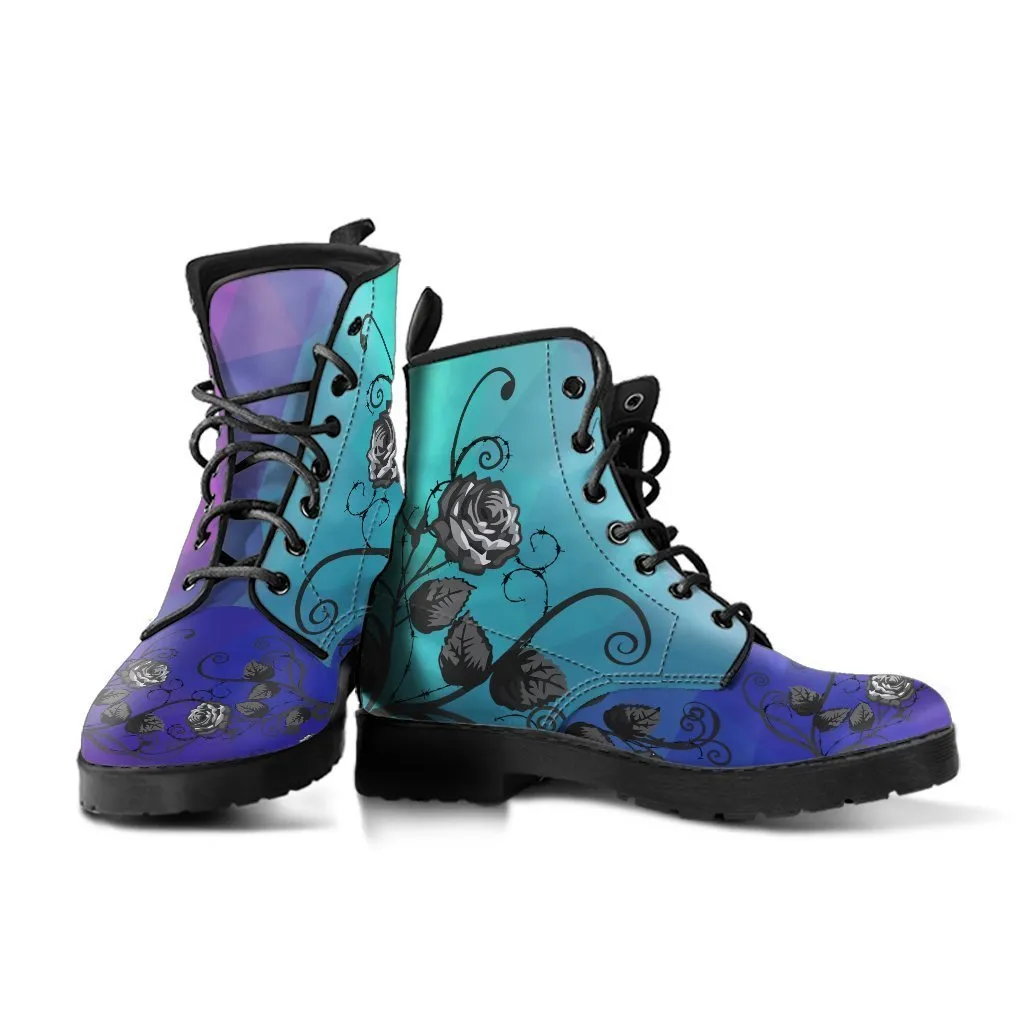 Multicolor Combat Boots - Black Roses | Boho Shoes, Handmade Lace Up Boots, Vegan Leather Lace Up Boots, 90s Boots, 2000s Boots, Hipster