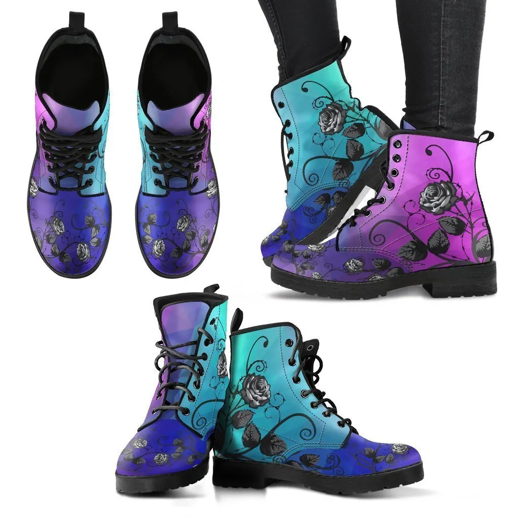 Multicolor Combat Boots - Black Roses | Boho Shoes, Handmade Lace Up Boots, Vegan Leather Lace Up Boots, 90s Boots, 2000s Boots, Hipster