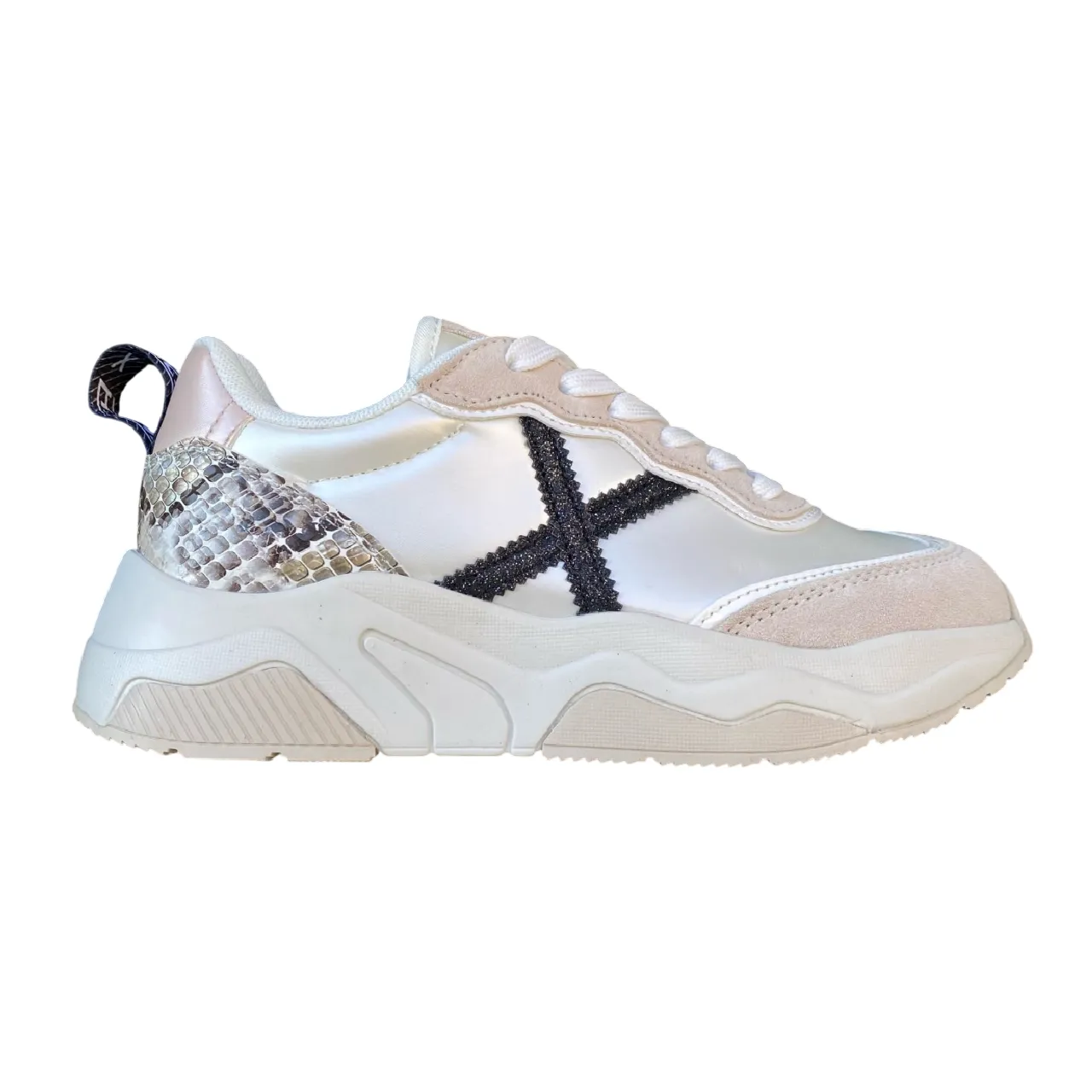Munich scarpa sneakers da donna con X glitter nera e tallone pitonato Wave 170 perla