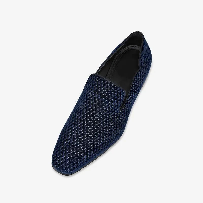 Navy Velvet Grids Flat Leather Loafers