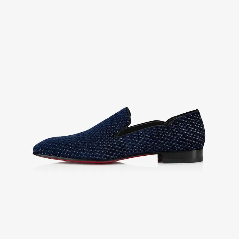 Navy Velvet Grids Flat Leather Loafers
