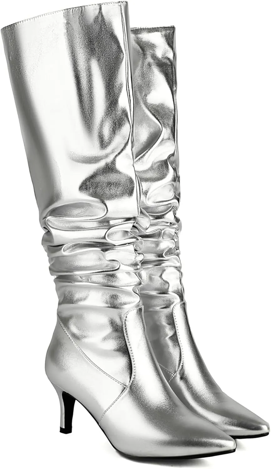 Roimaash Elegant Dressy Slouch Boots Kitten Heels Pull on Thigh High and Knee High Boots