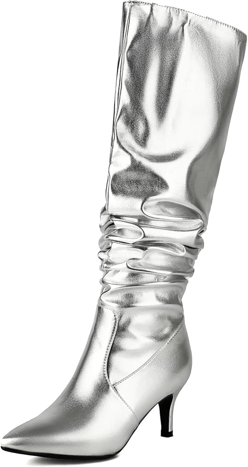 Roimaash Elegant Dressy Slouch Boots Kitten Heels Pull on Thigh High and Knee High Boots