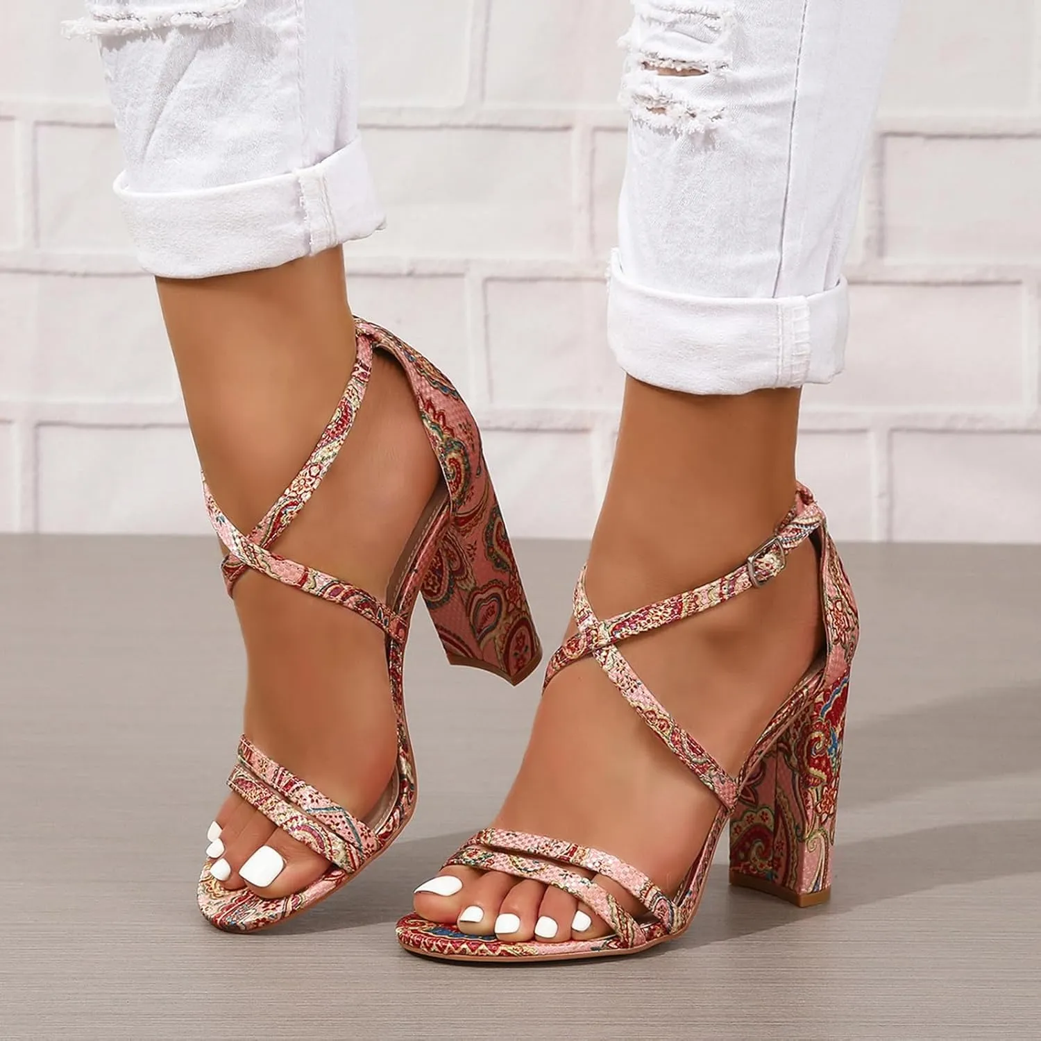 SACFOF Chunky Block High Heels for Women Floral Print Pump Heeled Sandals Open Toe Ankle Strap Buckle Party Dress Shoes