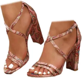 SACFOF Chunky Block High Heels for Women Floral Print Pump Heeled Sandals Open Toe Ankle Strap Buckle Party Dress Shoes