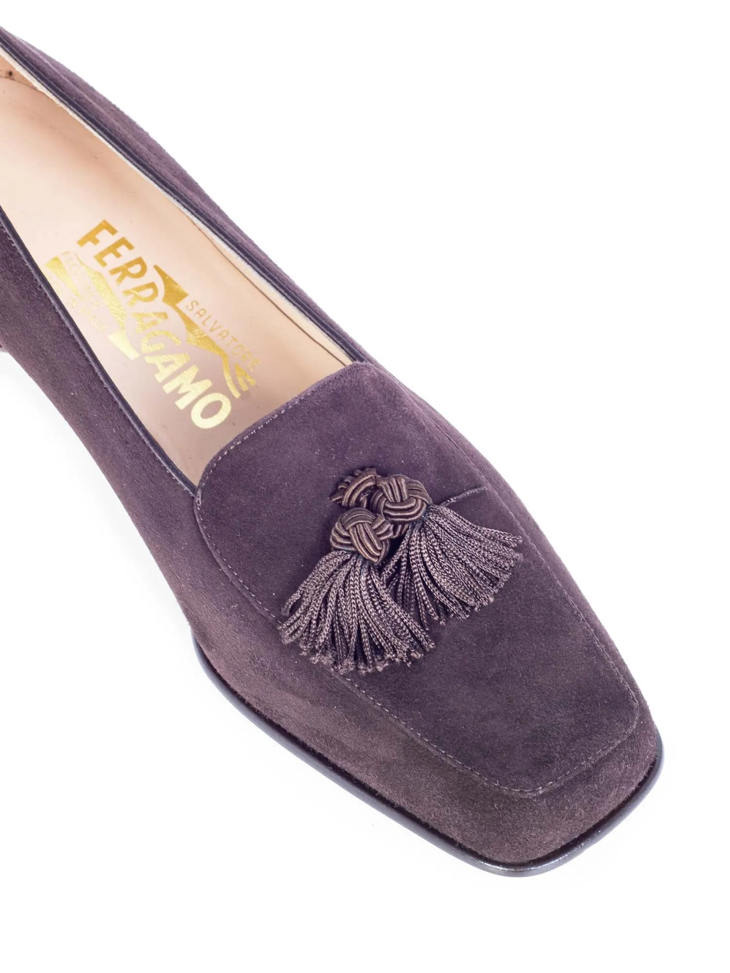 Salvatore Ferragamo Suede Alberta Square Cap Toe Tassel Loafers Brown