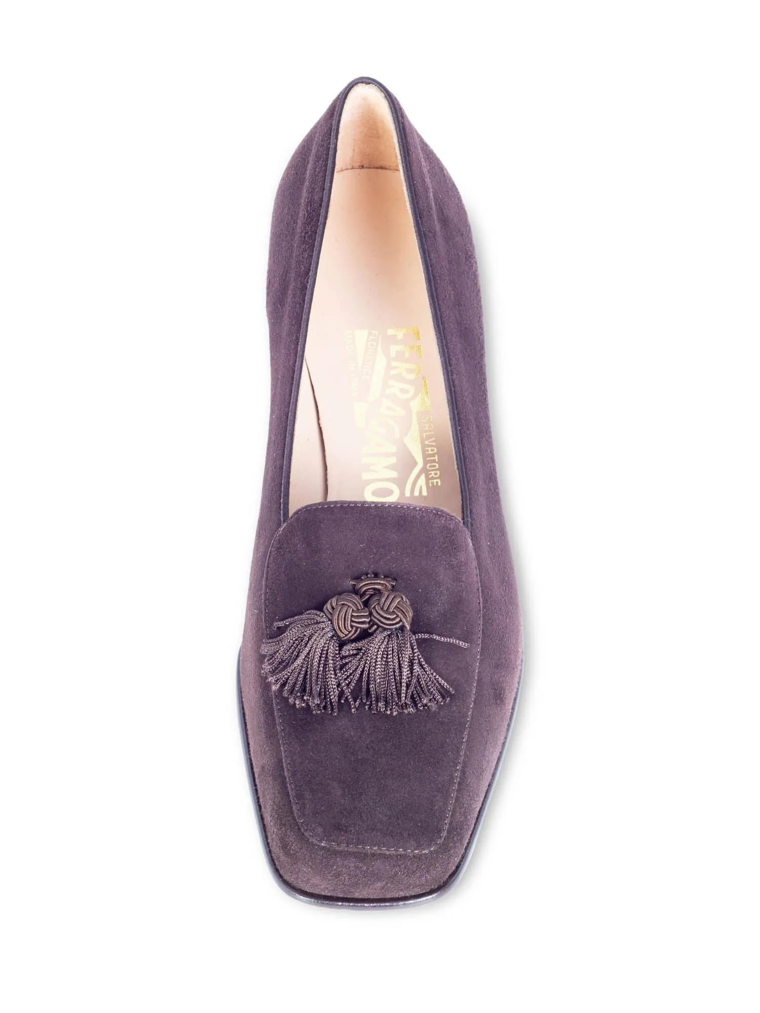 Salvatore Ferragamo Suede Alberta Square Cap Toe Tassel Loafers Brown