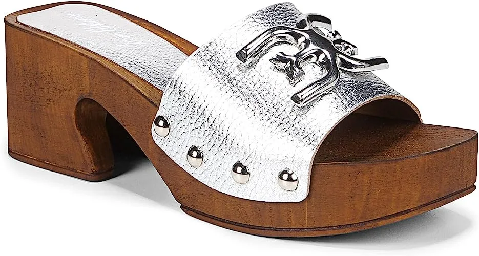 Sam Edelman Francina Silver Platform Slip On Slide Block Heel Mule Sandal