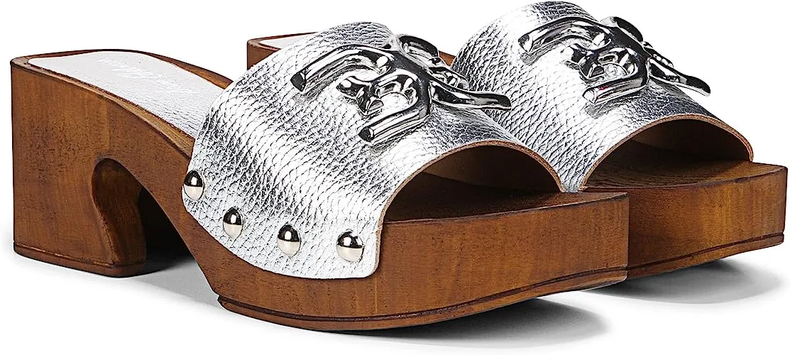Sam Edelman Francina Silver Platform Slip On Slide Block Heel Mule Sandal