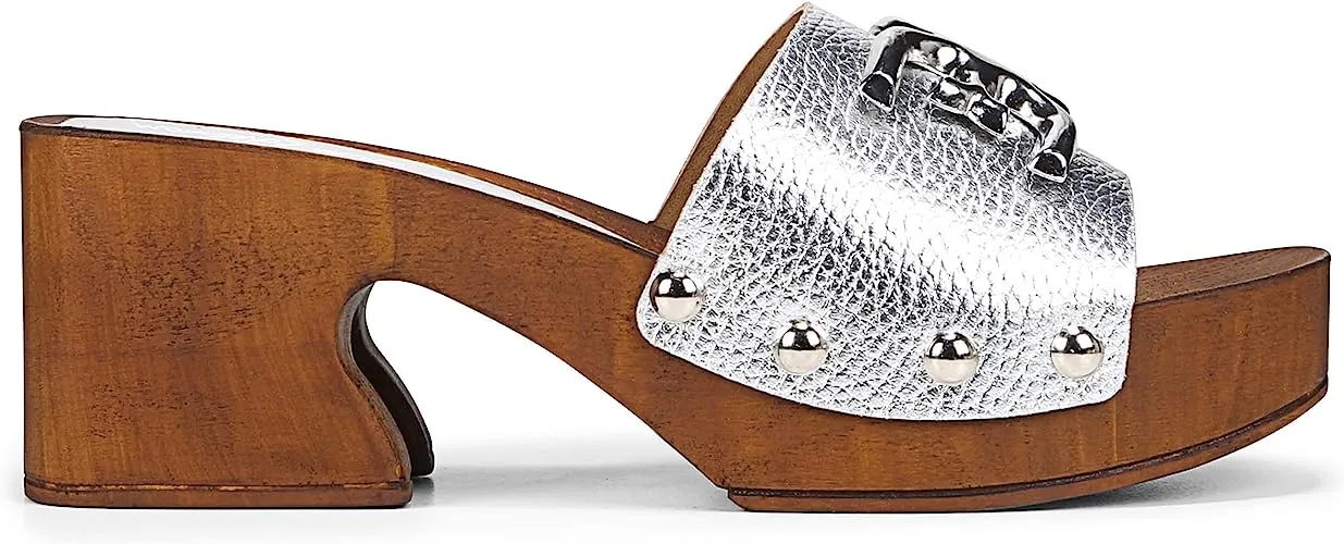 Sam Edelman Francina Silver Platform Slip On Slide Block Heel Mule Sandal